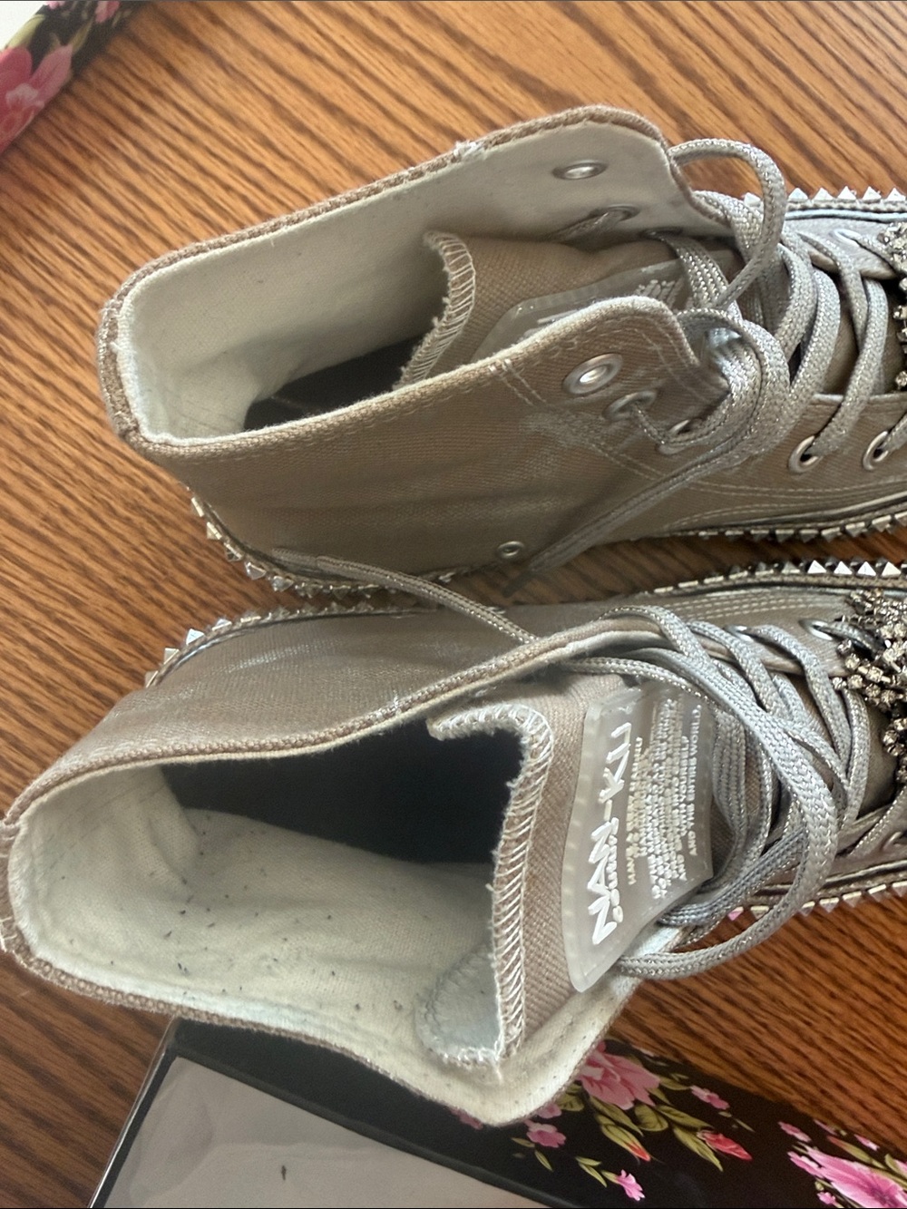 Metallic Taupe High-Top Sneakers with Crystal Stud Detailing - Picture 7 of 8